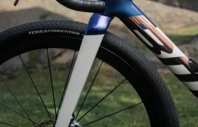 Primer plano de la rueda delantera, la horquilla y el manillar de una BMC Kaius 01, mostrando el freno de disco y el neumático "Terra Competition" -una bicicleta rápida- sobre un fondo de hierba y rocas.