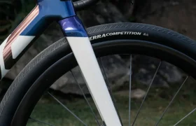 Primer plano de la rueda delantera, el freno de disco y el manillar de una bicicleta de carretera BMC Kaius 01, mostrando el neumático "Terra Competition" sobre hierba con rocas y plantas al fondo: un ejemplo perfecto de bicicleta rápida.