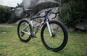 A BMC Kaius 01, una bicicleta actual con manillares de carrera y frenos de disco, está aparcada sobre el césped cerca de grandes rocas y plantas.