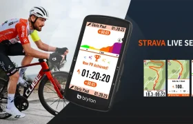 Un ciclista monta una bicicleta roja al aire libre, con casco y equipo de ciclismo. A la derecha, un dispositivo GPS Bryton Rider S810 muestra un segmento de Strava en vivo con métricas de ciclismo detalladas y un mapa interactivo.
