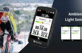 Un ciclista pedalea con confianza con un dispositivo GPS Bryton Rider S810, que muestra el tiempo y las estadísticas de ciclismo con fluidez. Los gráficos resaltan el sensor de luz ambiental, en perfecta armonía con las imágenes de configuración intuitivas.