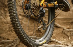 Primer plano de una rueda y un pedal de bicicleta de montaña en un sendero de tierra con raíces de árboles al descubierto; se ve el pie del ciclista. Las resistentes cubiertas de MTB, entre las que se incluye el fiable modelo Continental Gravity, se agarran al terreno para permitir una conducción segura en las bicicletas de montaña.