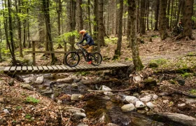 Una persona con casco monta en bicicleta de montaña sobre un puente de madera que cruza un arroyo rocoso en los senderos boscosos de Bike Region Glacensis.