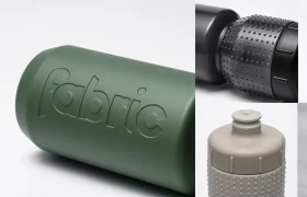 Collage de botellas de agua reutilizables de diversos colores y texturas, todas ellas con el nombre de la marca «Fabric» grabado en relieve o moldeado en su superficie. Algunas botellas presentan el innovador diseño Fabric Gripper V2, que ofrece protección permanente gracias a un bidón antimicrobiano que garantiza una frescura duradera.