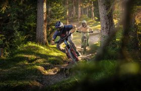 Dos personas bajan en bicicletas eléctricas de montaña FOCUS por un sendero boscoso y accidentado bajo la luz del sol, levantando polvo y sorteando las raíces de los árboles con seguridad.