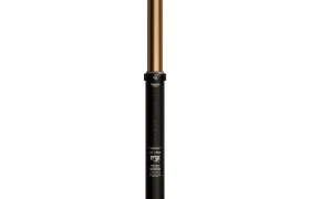 Una tija de sillín de bicicleta ajustable en negro y dorado con marcas de medición, representada en posición vertical sobre un fondo blanco; la tija electrónica FOX Transfer Neo está optimizada para bicicletas eléctricas (E-Optimized) para permitir ajustes electrónicos suaves y precisos.
