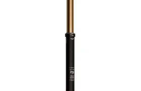 Una tija de sillín telescópica FOX Transfer Neo para bicicleta de montaña, en negro y dorado, con marcas de medición y optimizada para bicicletas eléctricas (E-Optimized) para un rendimiento fluido, vista sobre un fondo blanco.