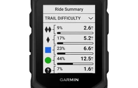 Una pantalla del dispositivo Garmin Edge MTB en la que se muestra un Resumen del recorrido con clasificaciones de dificultad de los senderos, porcentajes, distancias y símbolos de colores para cada tipo de sendero.