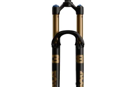 Vista frontal de una horquilla de suspensión FOX 38 2027 para bicicleta de montaña con montantes dorados, bajos negros y la marca FOX visible, diseñada para enduro y un control preciso en terrenos difíciles.