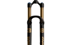 Vista frontal de una horquilla de suspensión FOX 38 2027 negra y dorada para una bicicleta de montaña, con montantes dobles y tubo de dirección cónico, ideal para Enduro con mayor control.