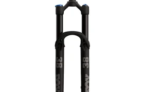 En la parte delantera se muestra una horquilla de suspensión negra FOX 38 2027 para bicicleta de montaña, con dos montantes y mandos de ajuste en la parte superior para un control máximo, ideal para Enduro.