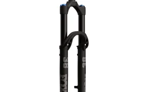 Horquilla de suspensión de bicicleta de montaña negra con pomos de ajuste azules y la marca "FOX 38 2027" en las patas inferiores, que ofrece un control preciso para la conducción de Enduro, mostrada sobre un fondo blanco.