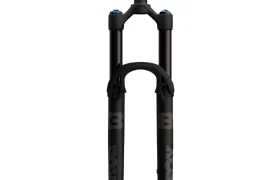 Vista frontal de una horquilla de suspensión negra FOX 38 2027 para bicicleta de montaña con montantes dobles y pomos de ajuste azules para un control preciso en enduro.