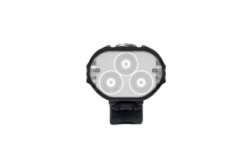 Vista frontal de una pequeña luz LED para bicicleta de forma ovalada con tres bombillas circulares y un soporte de montaje negro, que incorpora el avanzado sistema Radar React de Lezyne para mejorar la seguridad en bicicleta.