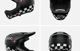 Casco integral Coron Air negro mate con estampado de cuadros blancos, mostrado desde los ángulos lateral, frontal y trasero sobre un fondo claro liso; edición especial ideal para combinar con gafas Ora.