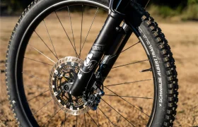 Primer plano de una rueda delantera de bicicleta de montaña con un potente motor Bosch Performance Line CX, freno de disco y cubierta Schwalbe Albert Trail, con un fondo arenoso al aire libre.