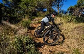Una persona con casco conduce una bicicleta de montaña equipada con la potente Bosch Performance Line CX por un sendero de tierra rodeado de hierba y árboles en un día soleado.