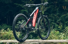 Una MTB roja y negra con neumáticos gruesos se encuentra sobre una superficie de madera en un entorno forestal, equipada con RockShox Reverb AXS para un control de conducción perfecto.