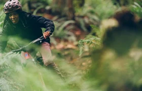 Una persona con casco recorre su MTB a través de una zona boscosa y exuberante, rodeada de vegetación, navegando sin esfuerzo por el terreno con la precisión de la tecnología RockShox Reverb AXS.