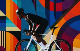 Un ciclista, vestido con ropa negra y casco, monta una bicicleta de carretera blanca con ruedas Zipp 404 S, haciendo gala de su velocidad frente a un colorido mural geométrico.
