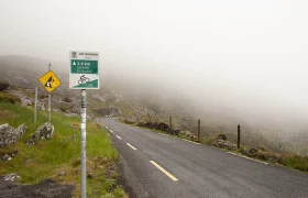 Carretera estrecha y sinuosa en Conor Pass con un cartel de pendiente del 7,3 % y una señal de advertencia para peatones a la izquierda. La zona está envuelta en niebla, con terrenos rocosos y alambradas que bordean la ruta.