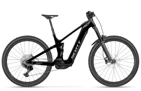 Una bicicleta de montaña eléctrica SCOTT Strike 2027 de color negro, con un cuadro resistente, horquilla de suspensión delantera para mayor comodidad, neumáticos gruesos y un motor Bosch CX de tracción central bien visible, mostrada en una vista de perfil lateral sobre un fondo blanco.