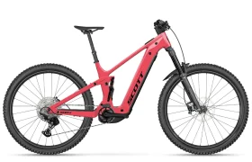 Bicicleta de montaña eléctrica SCOTT Strike 2027 de color rojo, con suspensión delantera y trasera, neumáticos anchos y una batería integrada en el cuadro. Equipada con un motor Bosch CX para un rendimiento y una comodidad óptimos, la bicicleta se muestra de perfil sobre un fondo blanco.