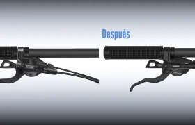 Comparación lado a lado del manillar de una bicicleta antes y después, en la que se aprecia una disposición simplificada de la palanca de freno y el cable en la imagen del «después».