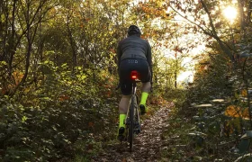 Una persona con calcetines de color amarillo brillante monta en bicicleta con un CLIP SIGMA NYTE acoplado, deslizándose por un estrecho sendero de tierra a través de una zona arbolada e iluminada por el sol.