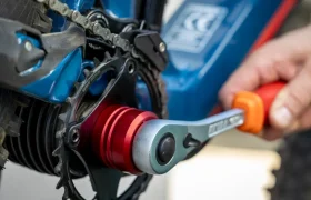 Una persona utiliza una llave de trinquete Unior para ajustar cuidadosamente el pedalier de una bicicleta.