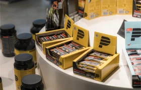 Cajas de barritas de proteínas PowerBar se exhiben en un mostrador blanco curvado junto a varios contenedores negros de suplementos, mostrando las mejores opciones de nutrición en Vic Sports.